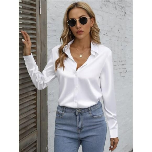 Silky Leopard Button Down Shirt Satin Long Sleeve Blouse Womens Work Top - Picture 2 of 4